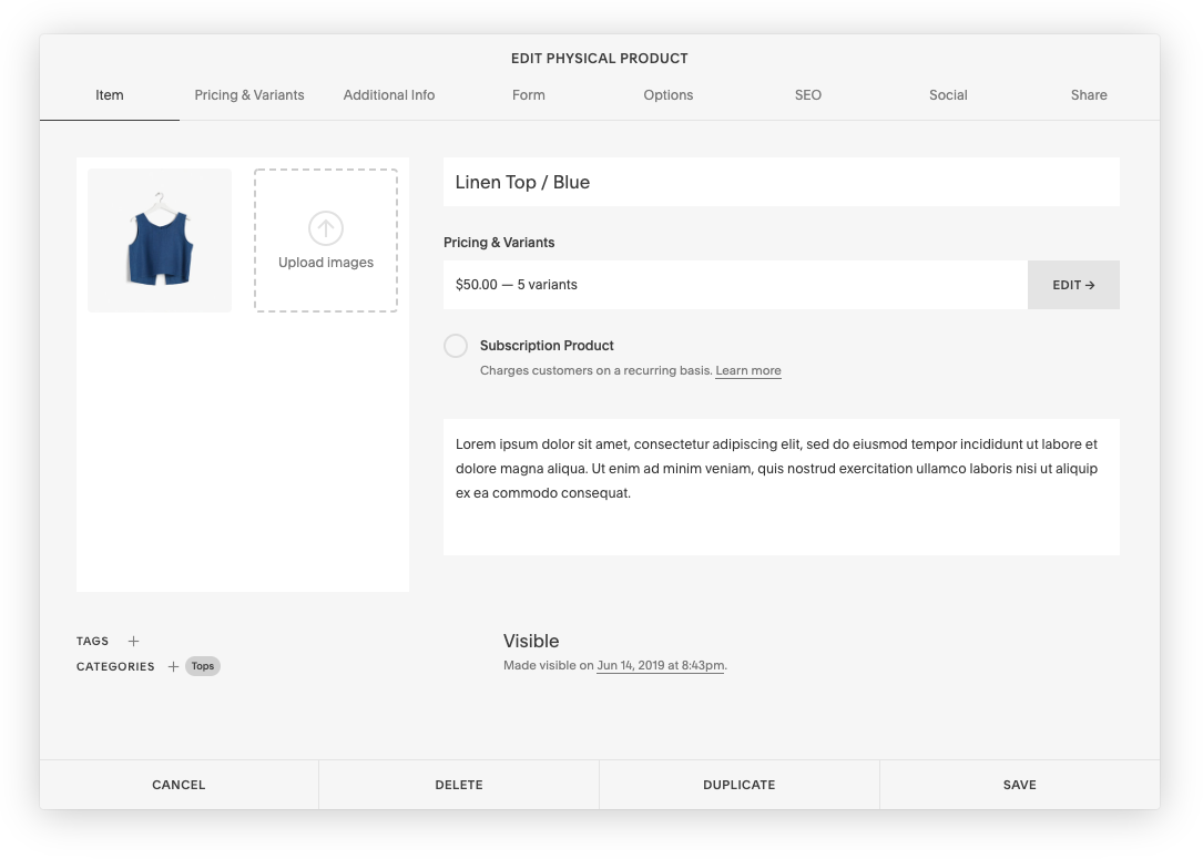 SquareSpace provides clean and simple backend UI for managing inventory stock